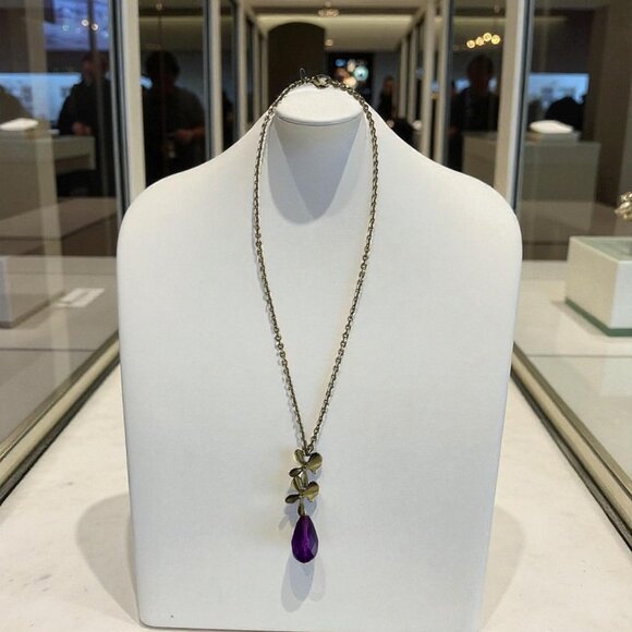 SAQ Silver Tone Floral Necklace with Purple Teardrop Pendant 10” Chain | Early 2 - Picture 1 of 5